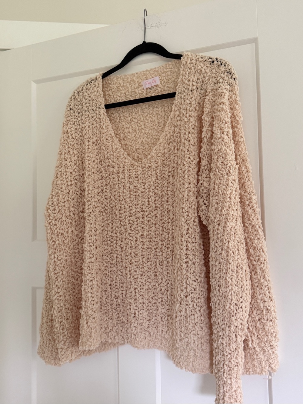 Pink Lily Popcorn V-Neck Sweater in Cream